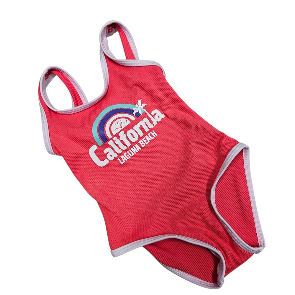 Zara Baby Swimsuit California Laguna Beach Graphic Ribbed Pink One Piece‎ 12-24M